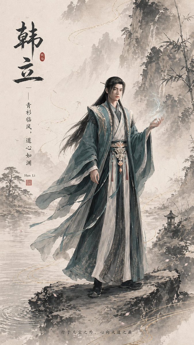 Chinesischer Tusche-Xianxia-Heldenposter — Sora 2-Prompt