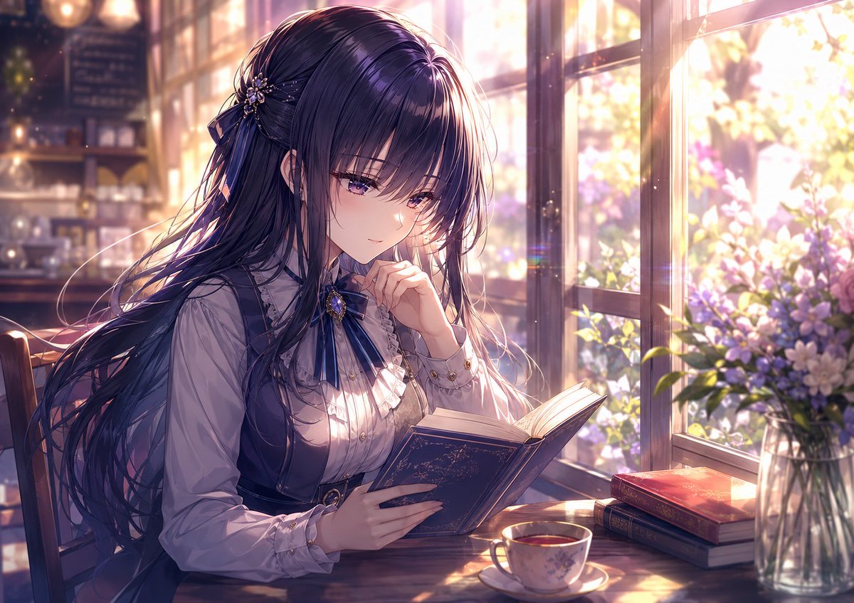Elegant Anime Reader in a Sunlit Café — Sora 2 Prompt