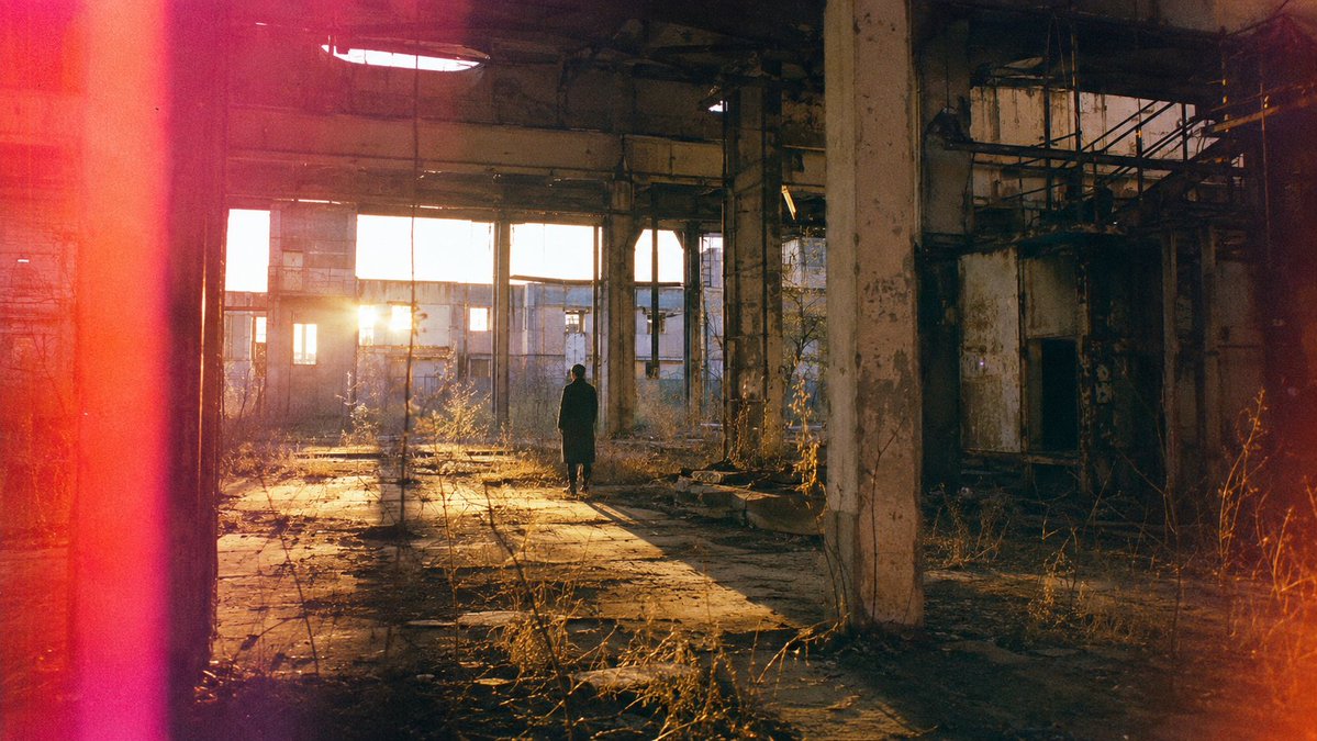 Abandoned Warehouse Silhouette — Golden Hour Film Leak Prompt
