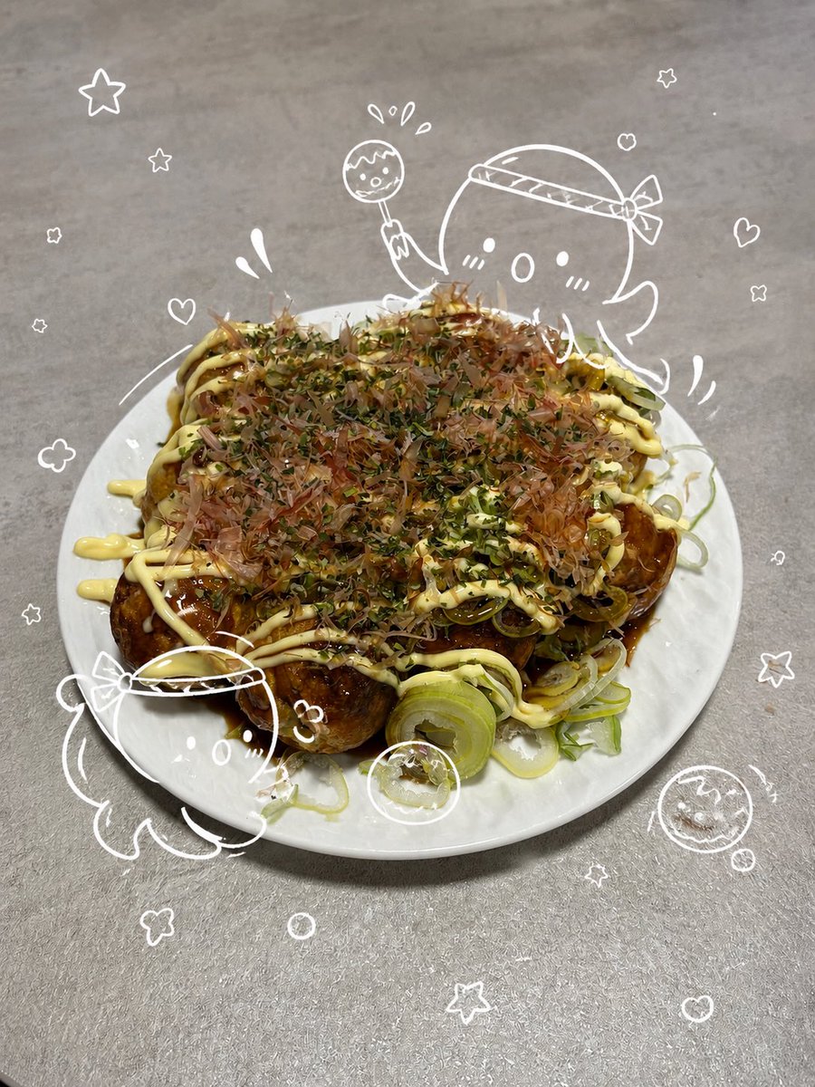 Kawaii Octopus Takoyaki Photo with White Doodle Art