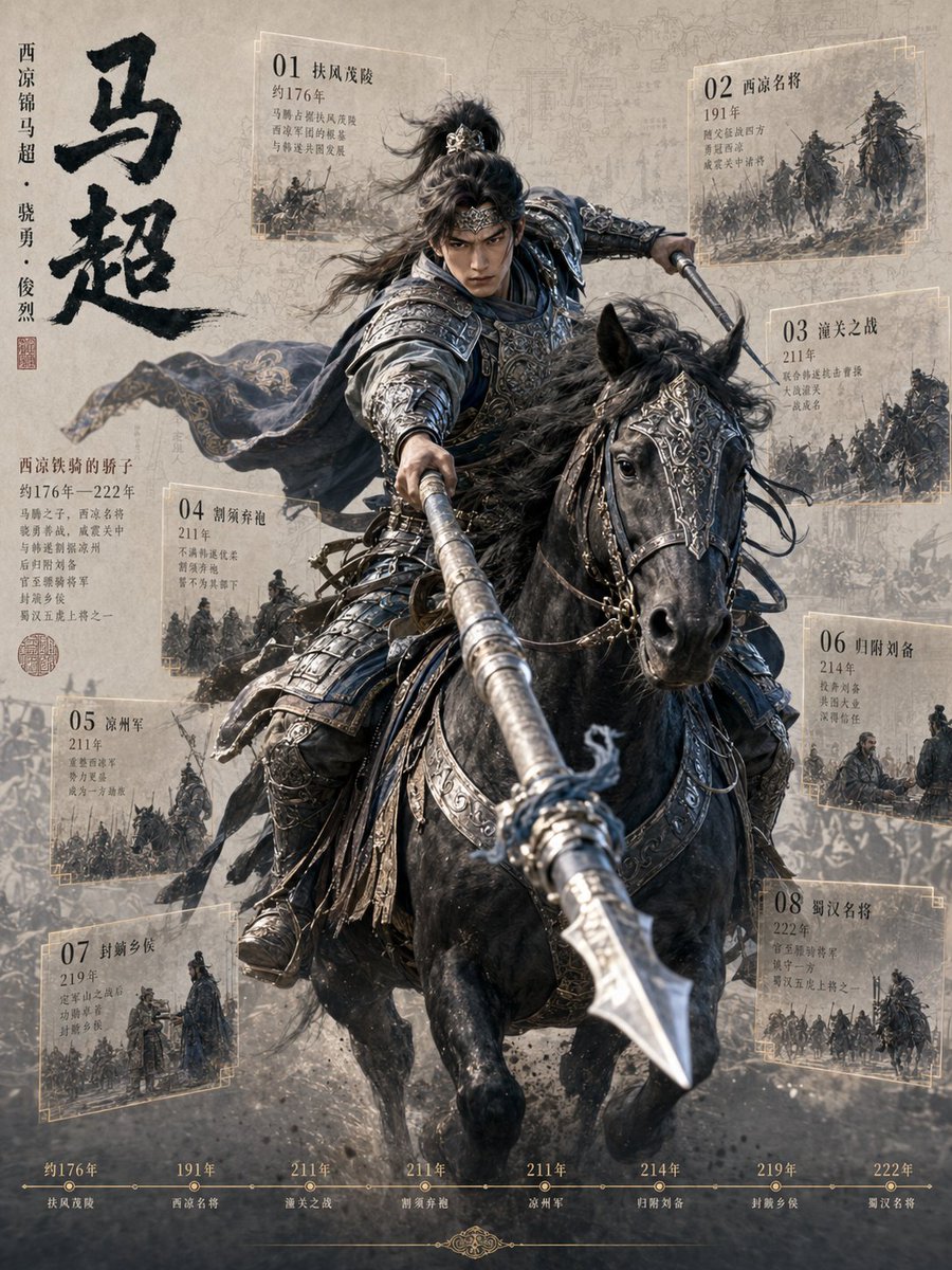 马超历史骑兵时间线海报 — 古风史诗人物概念艺术