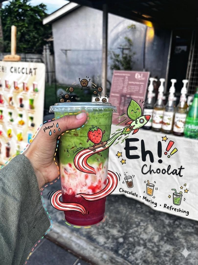 Strawberry Matcha Drink Photo with Doodle Art Overlay