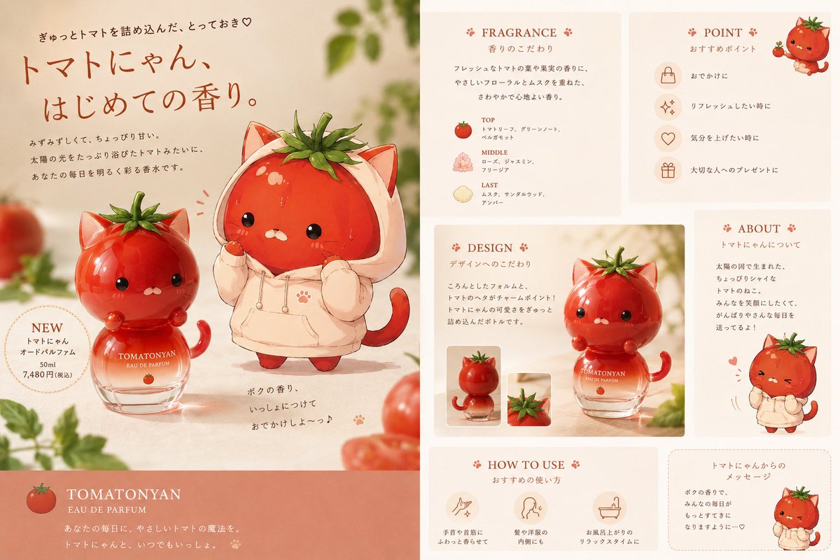 Cute Tomato Cat Perfume Flyer — Japanese Cosmetic Ad Prompt