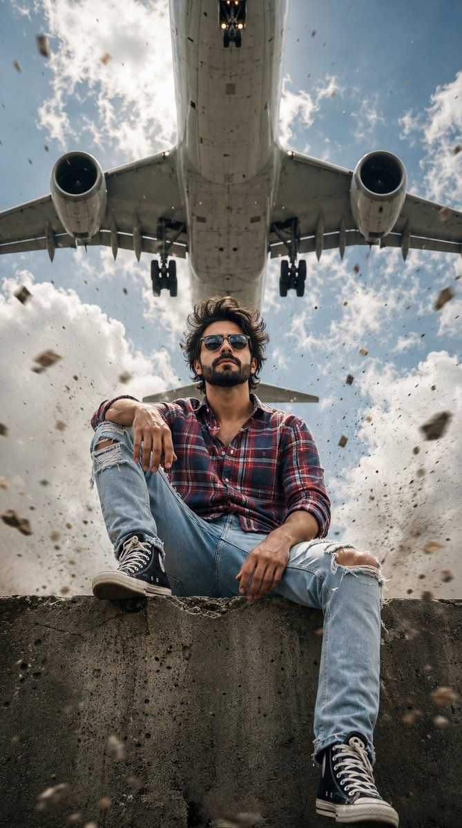 Dramatic Low-Angle Airplane Portrait — Sora 2 Prompt