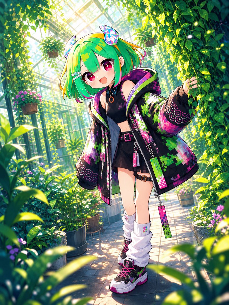 Cyberpunk Anime Girl in Lush Greenhouse — Sora 2 Prompt
