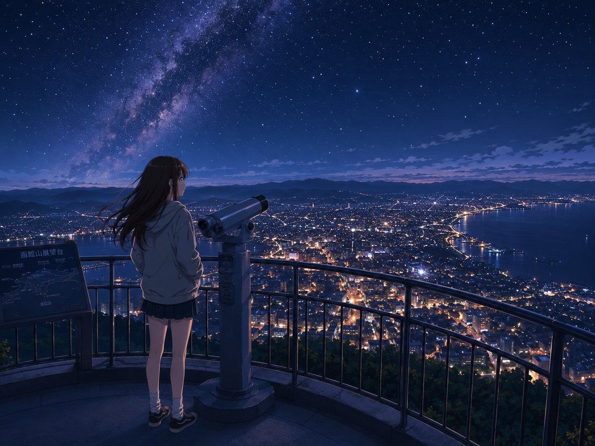 Stargazing Girl Overlooking City Night — Anime Scenic Prompt