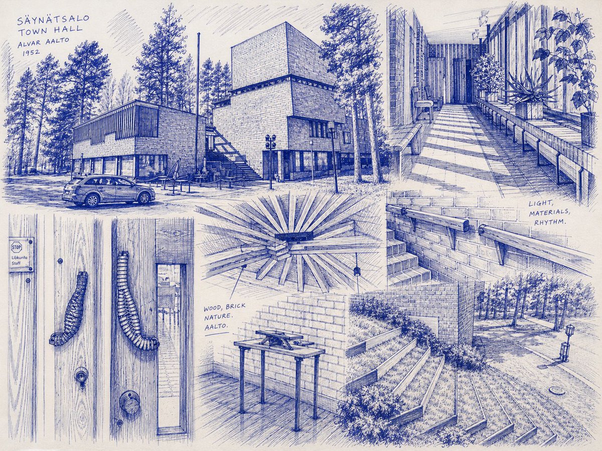 Alvar Aalto Sketchbook Collage — Blue Ink Architectural Study