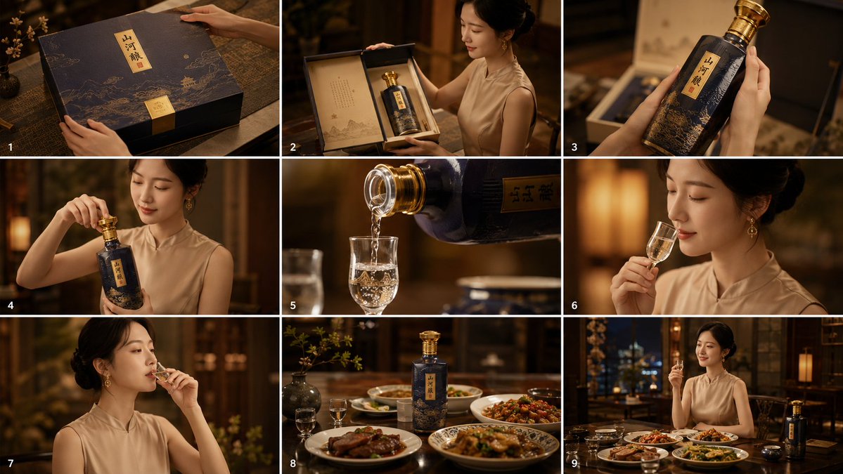 Cinematic Chinese Baijiu Storyboard — 3x3 Luxury Ad Prompt