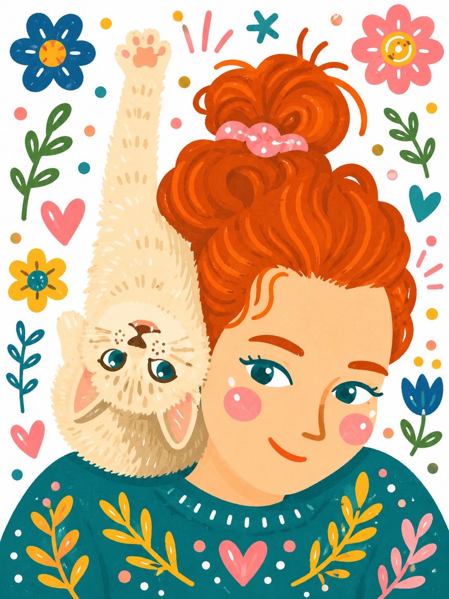 Whimsical Folk Art Girl & Kittens — Hand-Drawn Illustration Prompt