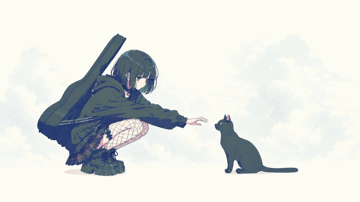 Minimalist Anime Girl & Black Cat Watercolor Prompt