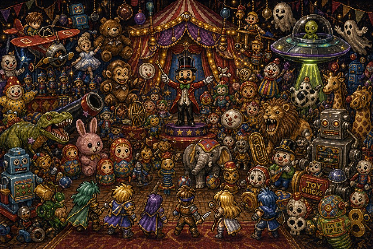 Toy Circus JRPG Battle — 16-Bit Pixel Art Prompt