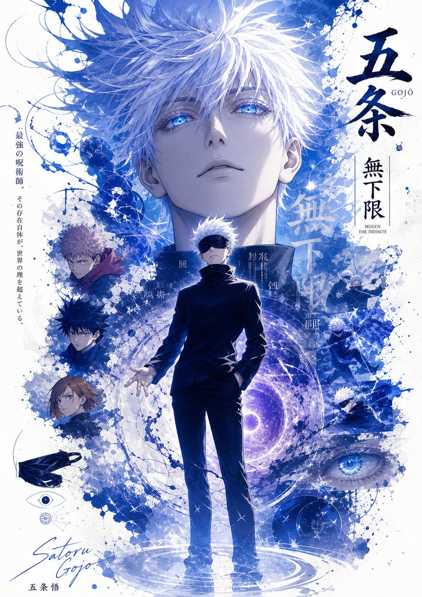 Blue Cursed Energy Anime Poster Collage — Sora 2 Prompt