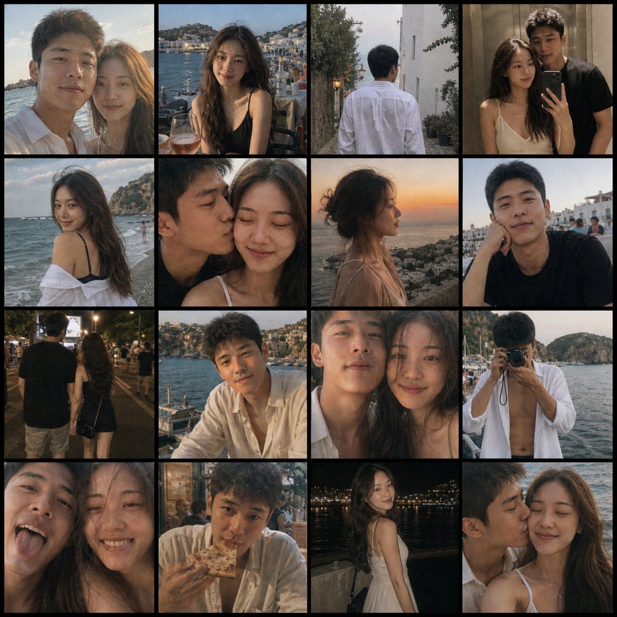 Nostalgic Couple Vacation Photo Grid — Sora 2 Prompt