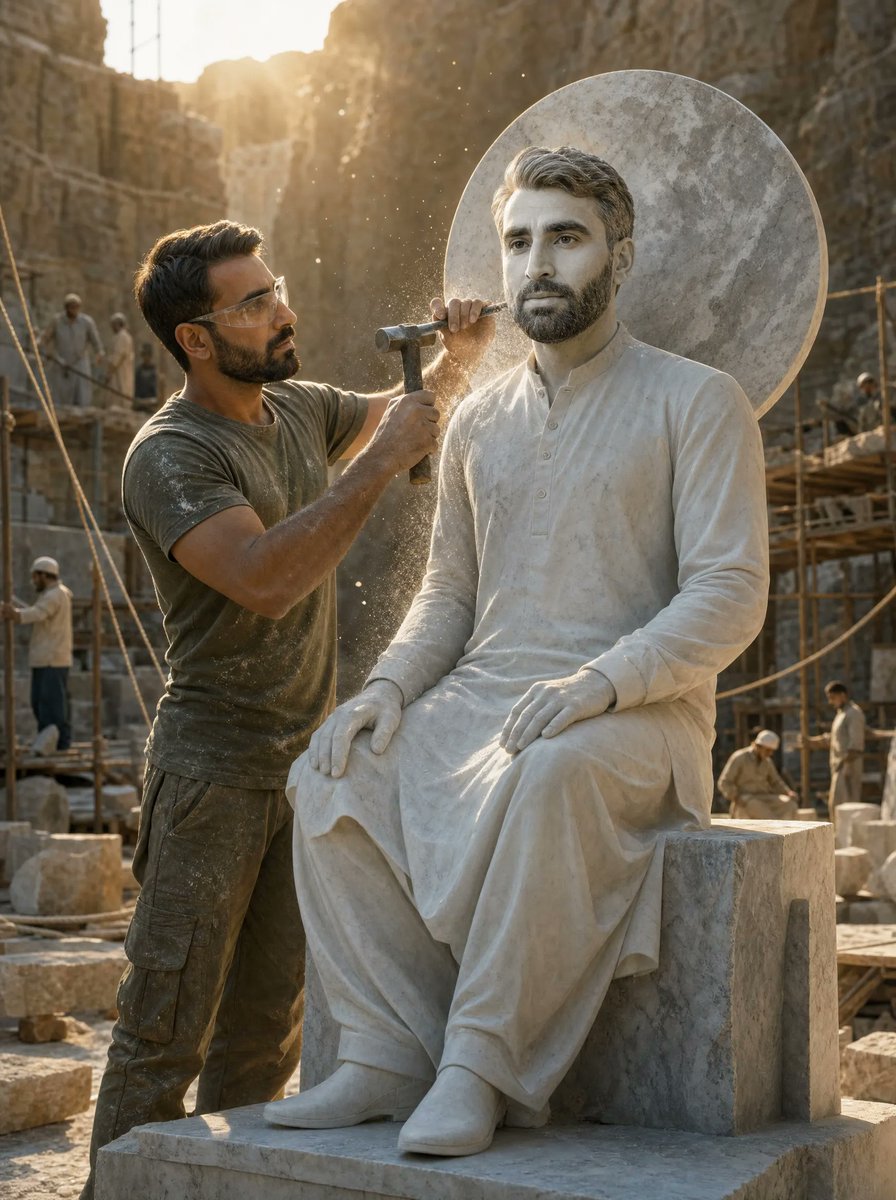 Sculptor & His Marble Double — Golden Hour Quarry Prompt