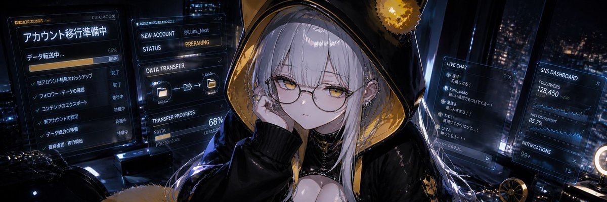 Cyberpunk Anime Streamer with Holographic Account Panels — Wide Banner Prompt