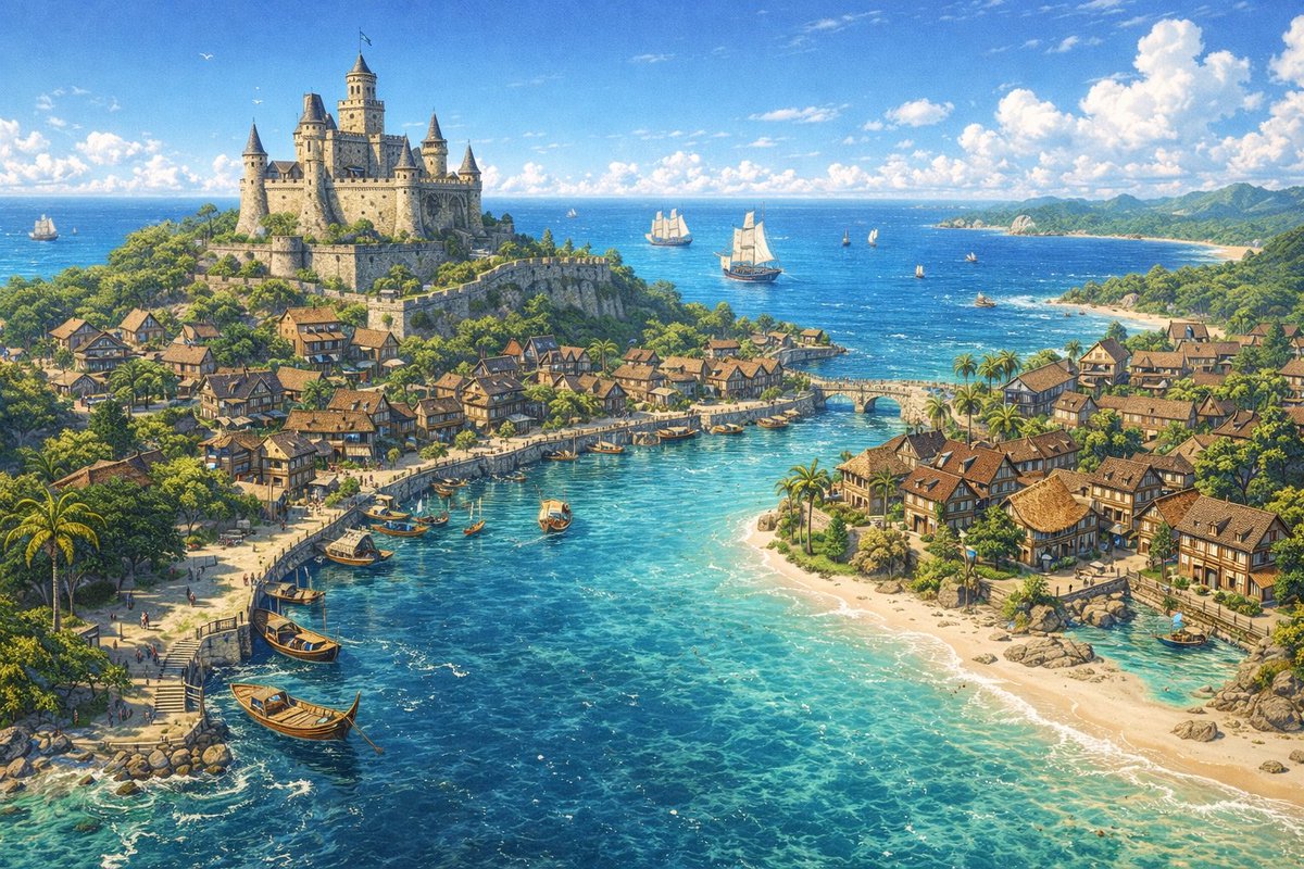 Fantasy Coastal City Landscape — Sora 2 Prompt