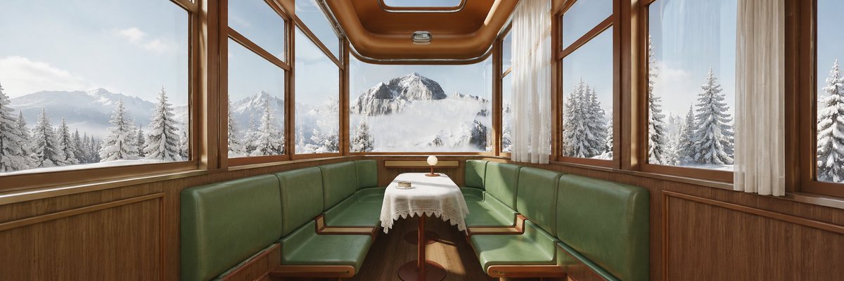 Alpine Train Lounge Panorama — Winter Mountain Prompt