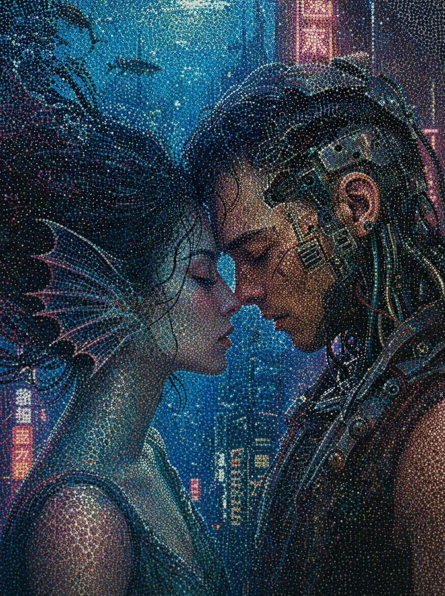 Ritratto Cyberpunk in Matrice di Punti — Bacio al Neon