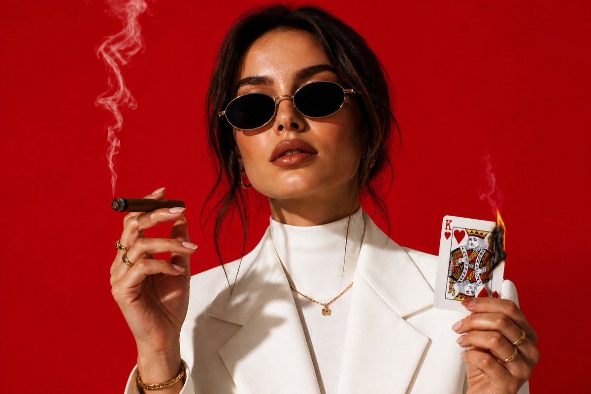 Glamorous Fashion Portrait with Cigar & King Card — Sora 2 Prompt