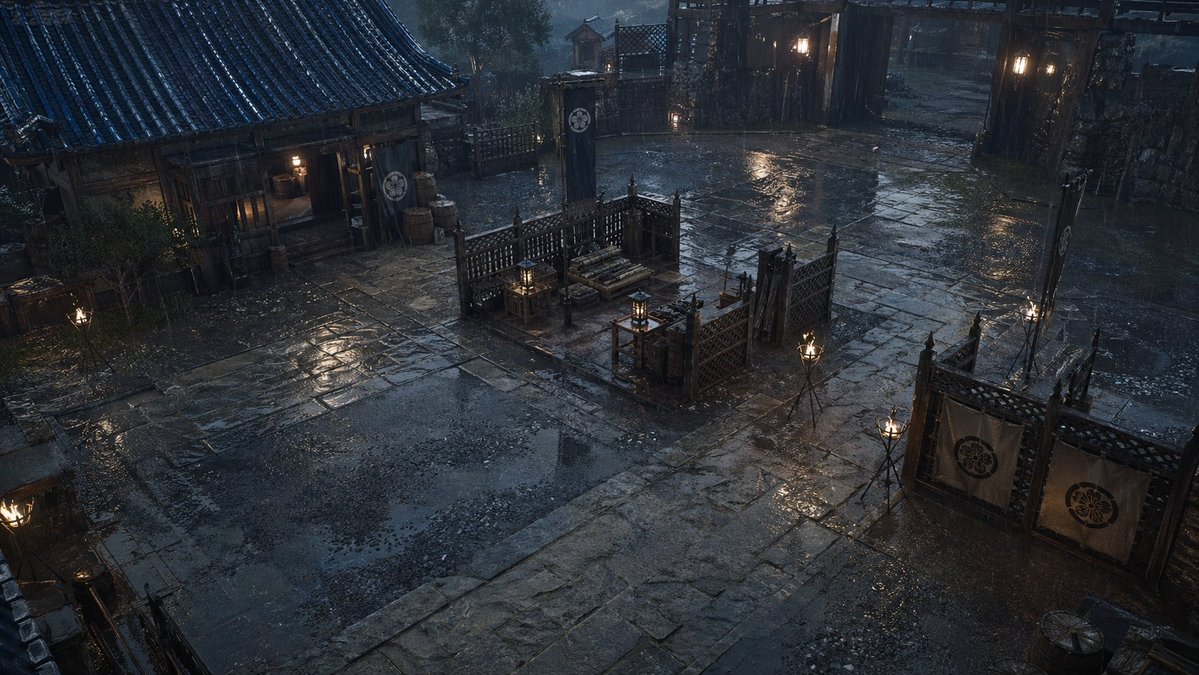 Rainy Japanese Feudal Courtyard — Cinematic Sora 2 Prompt