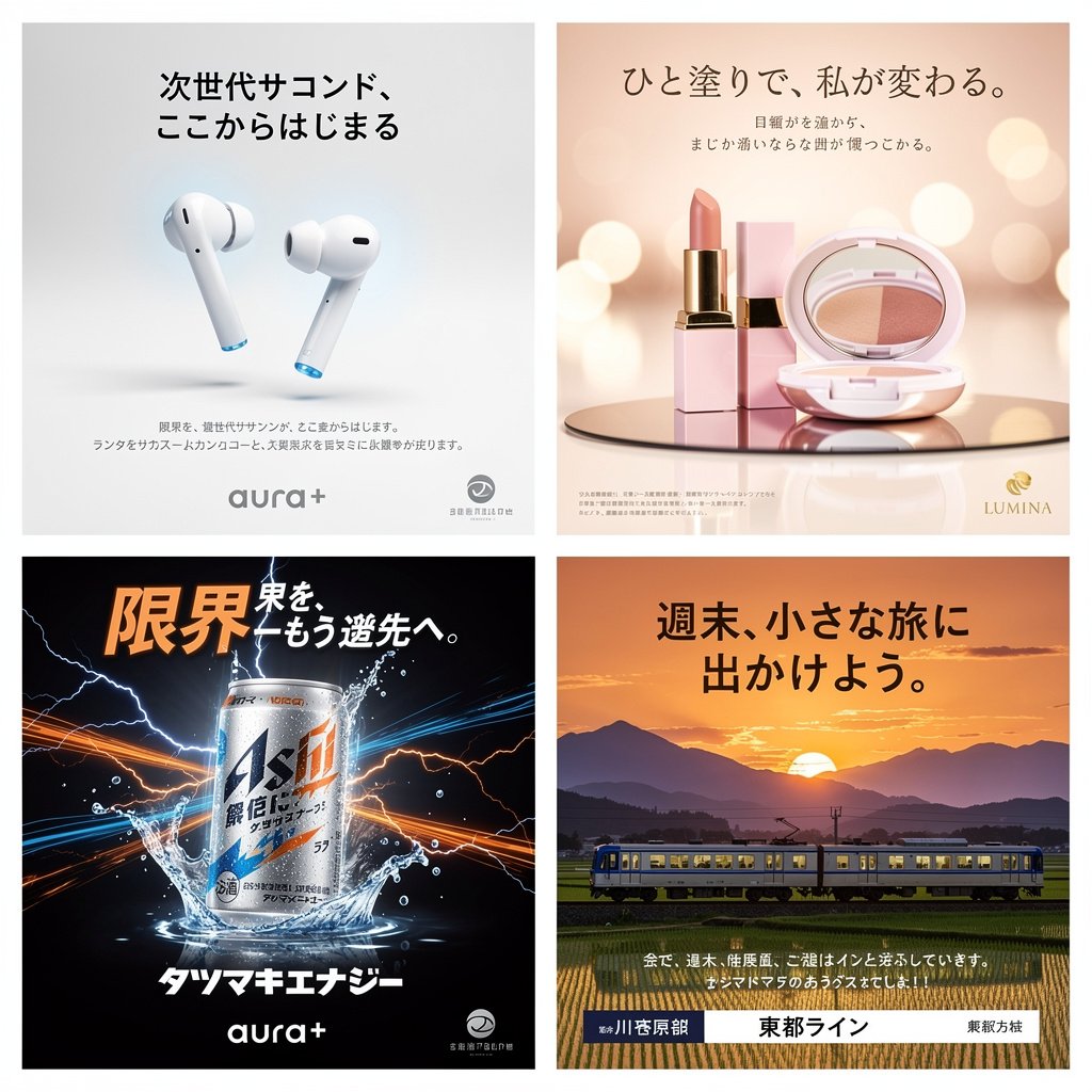 Japanese Ad Concept Grid — 4-Panel Poster Layout Prompt
