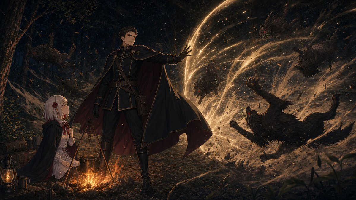 Dark Fantasy Forest Camp Battle — Cinematic Anime Prompt