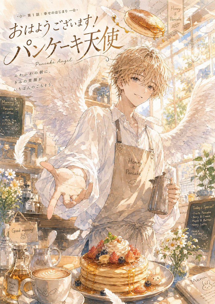 Pancake Angel Cafe — Anime Watercolor Cover Prompt