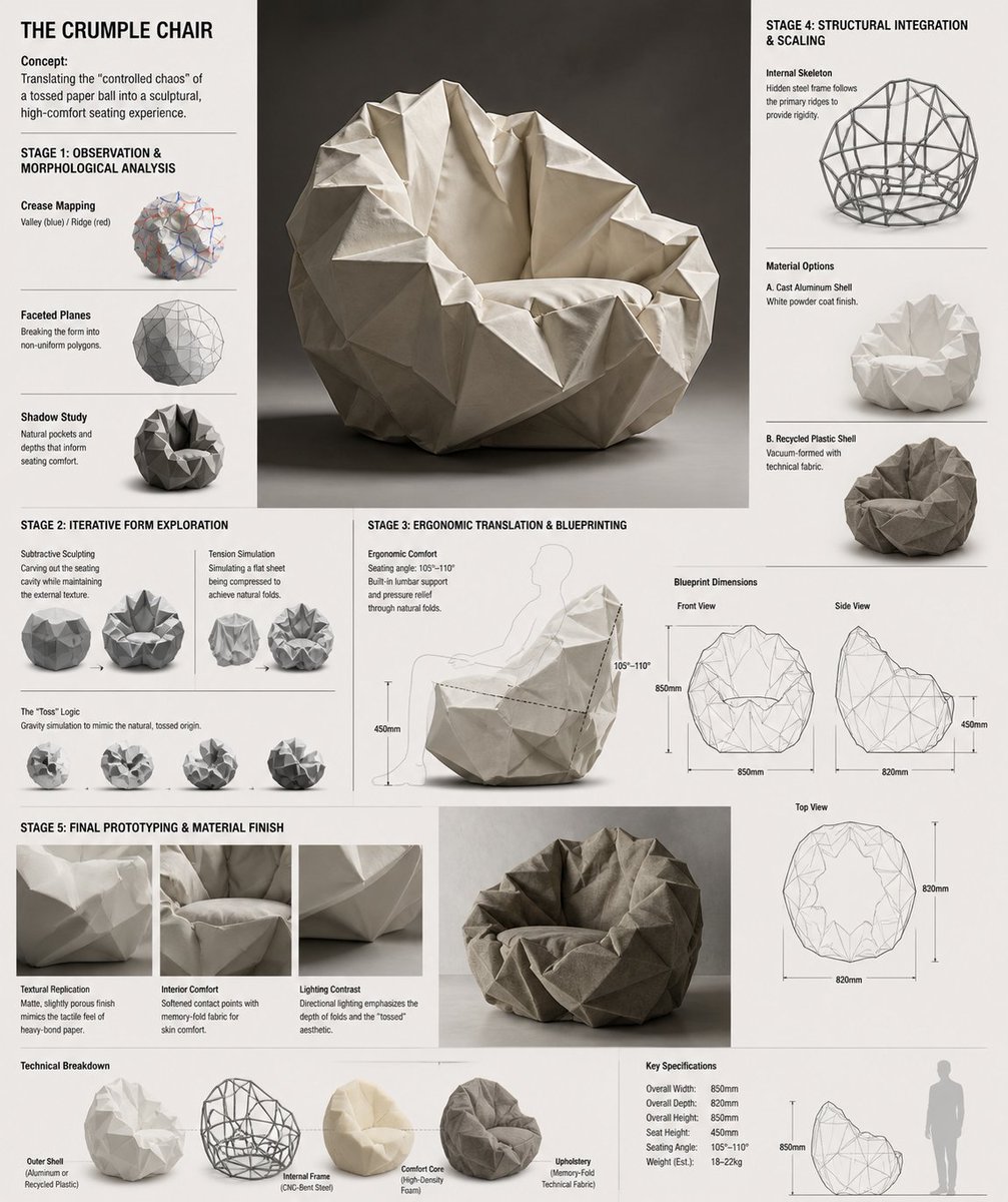 Sculptural Crumpled Paper Chair — Sora 2 Prompt