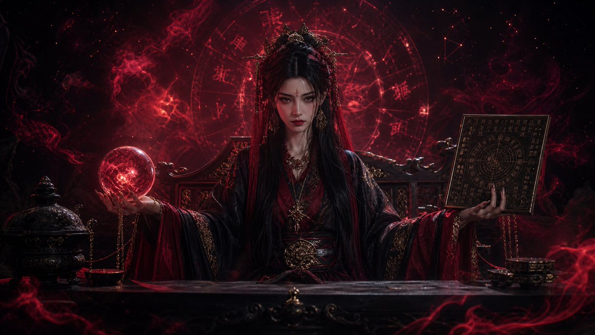Oriental Fortune Teller Portrait — Dark Queen Vibe Sora Prompt