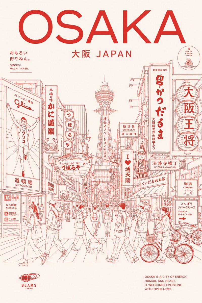 Osaka Retro Travel Poster — Sora 2 Line Art Prompt