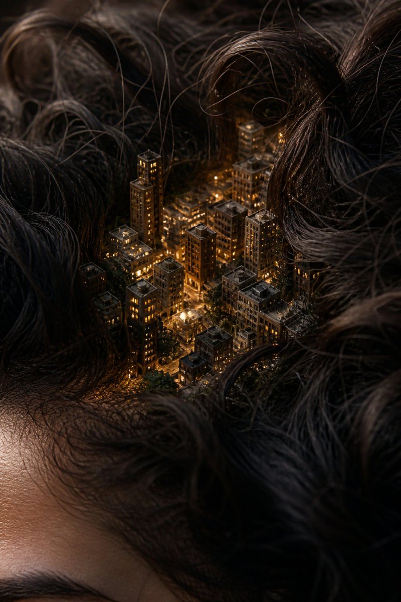 Micro City in Hair — Hyperrealistic Macro Photography Prompt