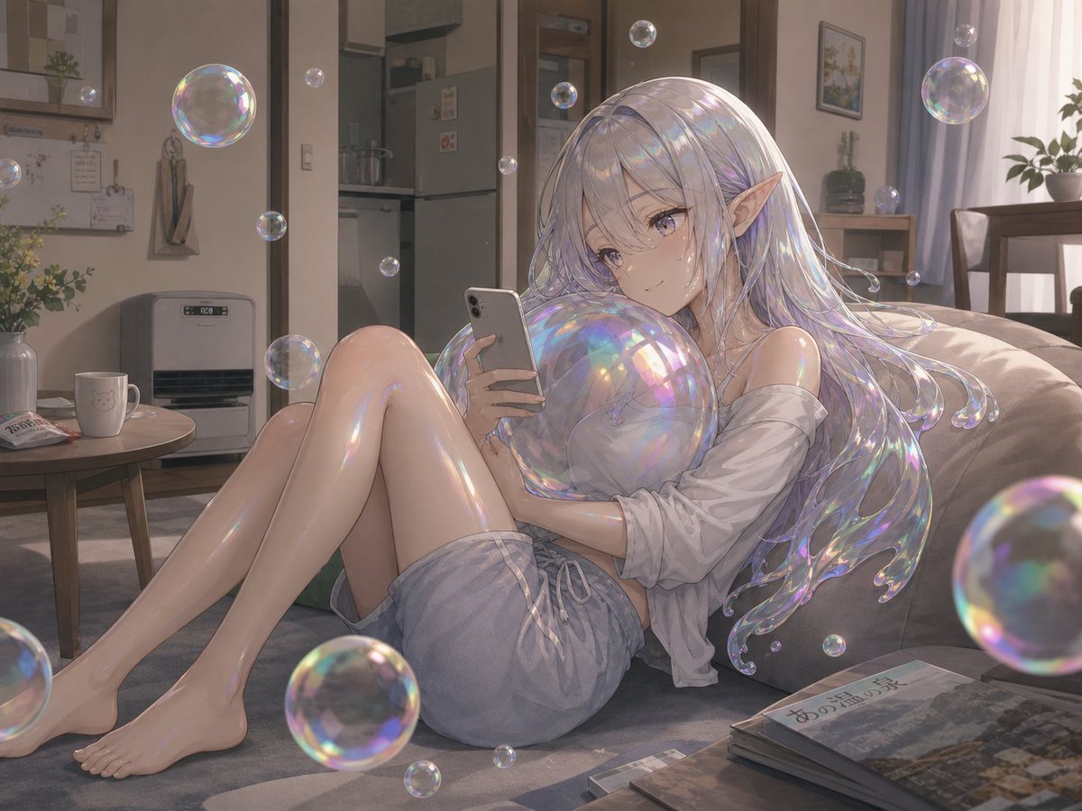 Iridescent Soap Bubble Fairy — Anime Living Room Prompt