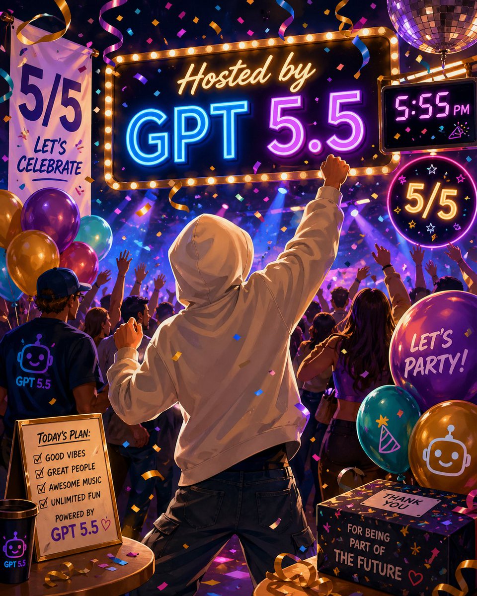 Festa di Celebrazione Neon GPT 5.5 — Sora 2 AI Prompt