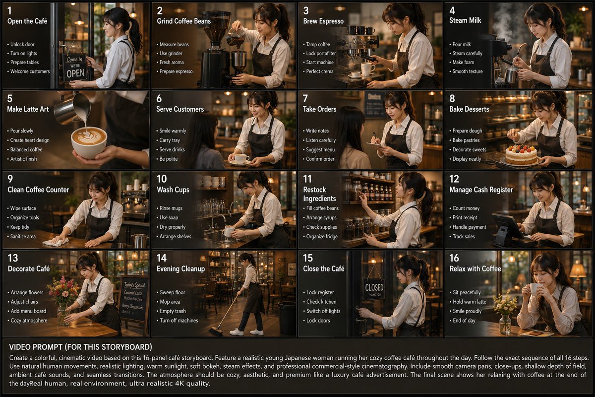 Japanese Café Daily Storyboard — 16-Panel Cinematic Sora 2 Prompt