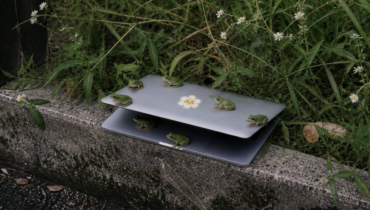 Tree Frogs on a Laptop in Weeds — Realistic Sora 2 Prompt