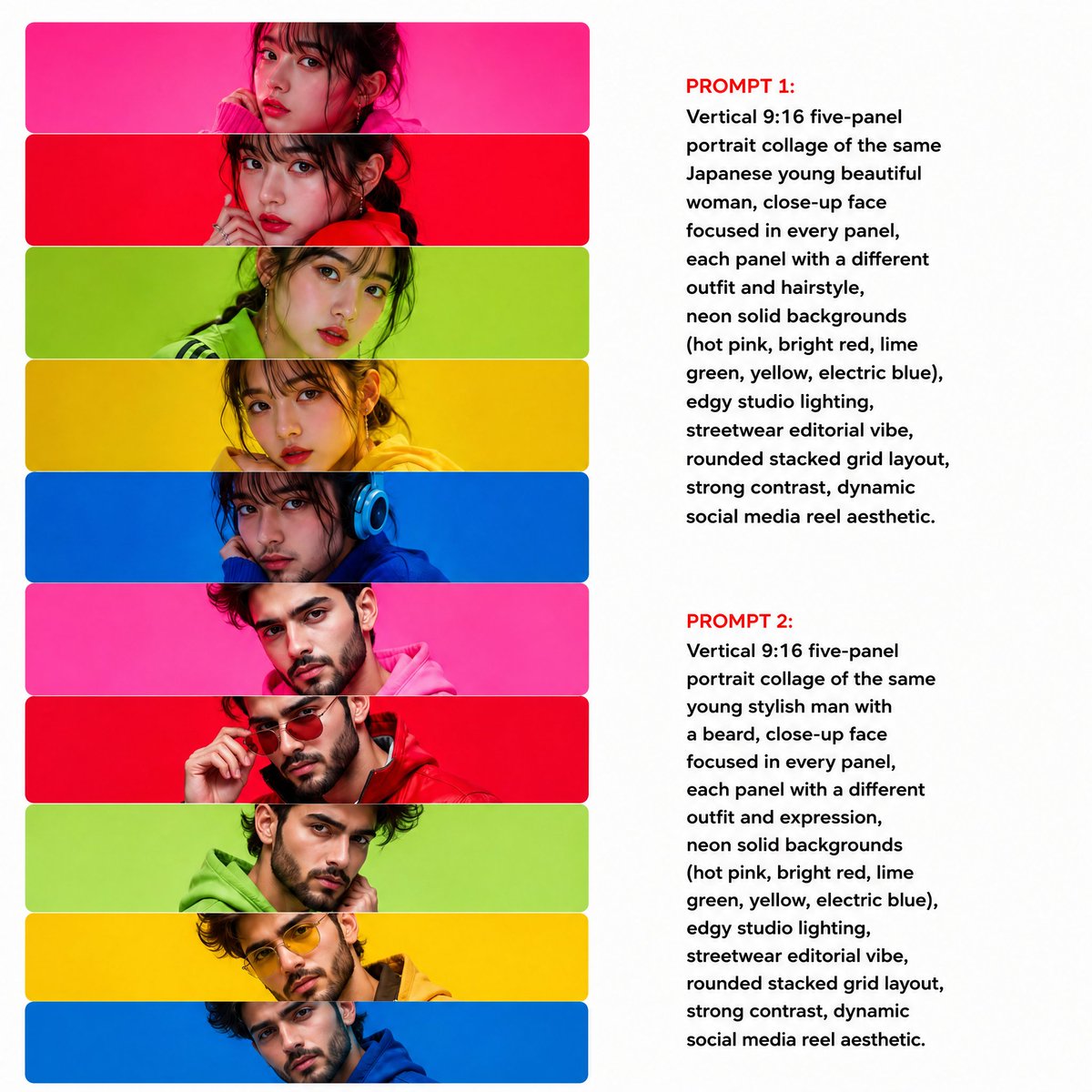 5-Panel Neon Portrait Collage — Sora 2 Prompt
