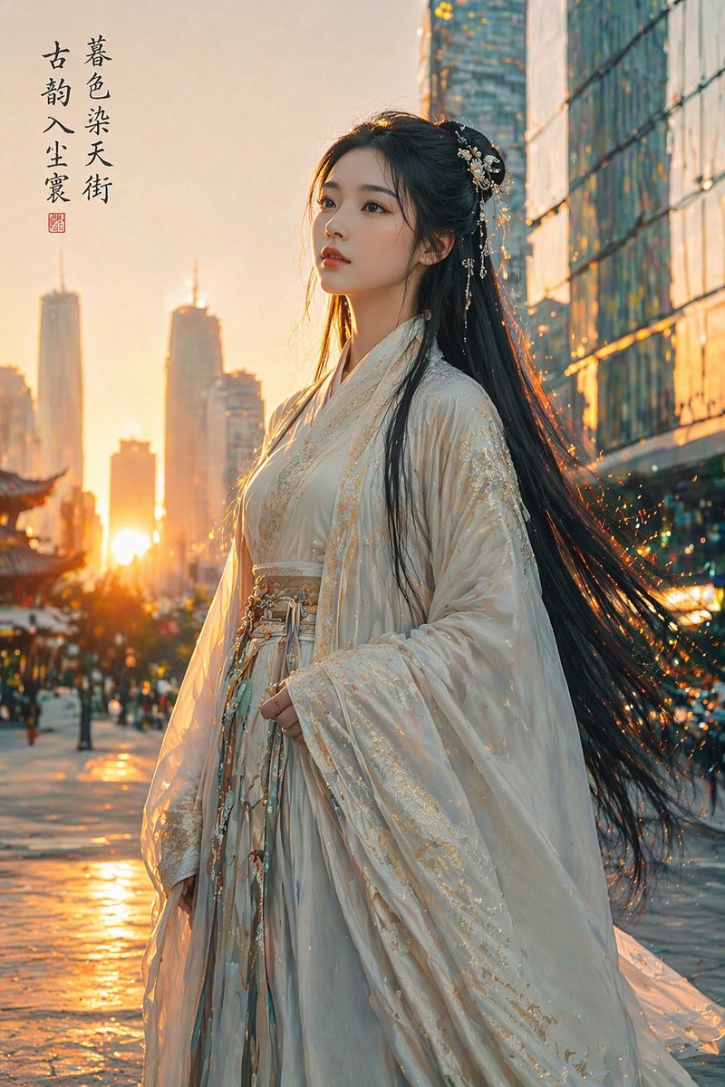 Chinese Beauty in Modern City Sunset — Sora 2 Prompt