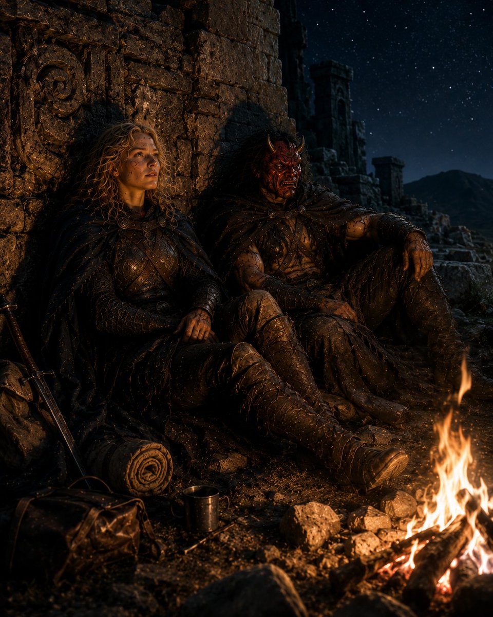 Dark Fantasy Campfire at Ruins — Cinematic Sora 2 Prompt