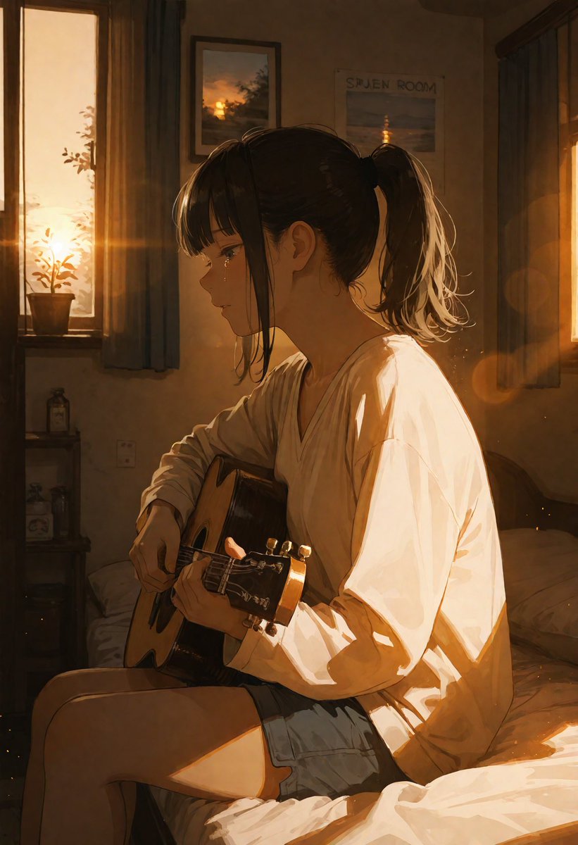 Golden Hour Bedroom Guitar Scene — Sora 2 Anime Prompt