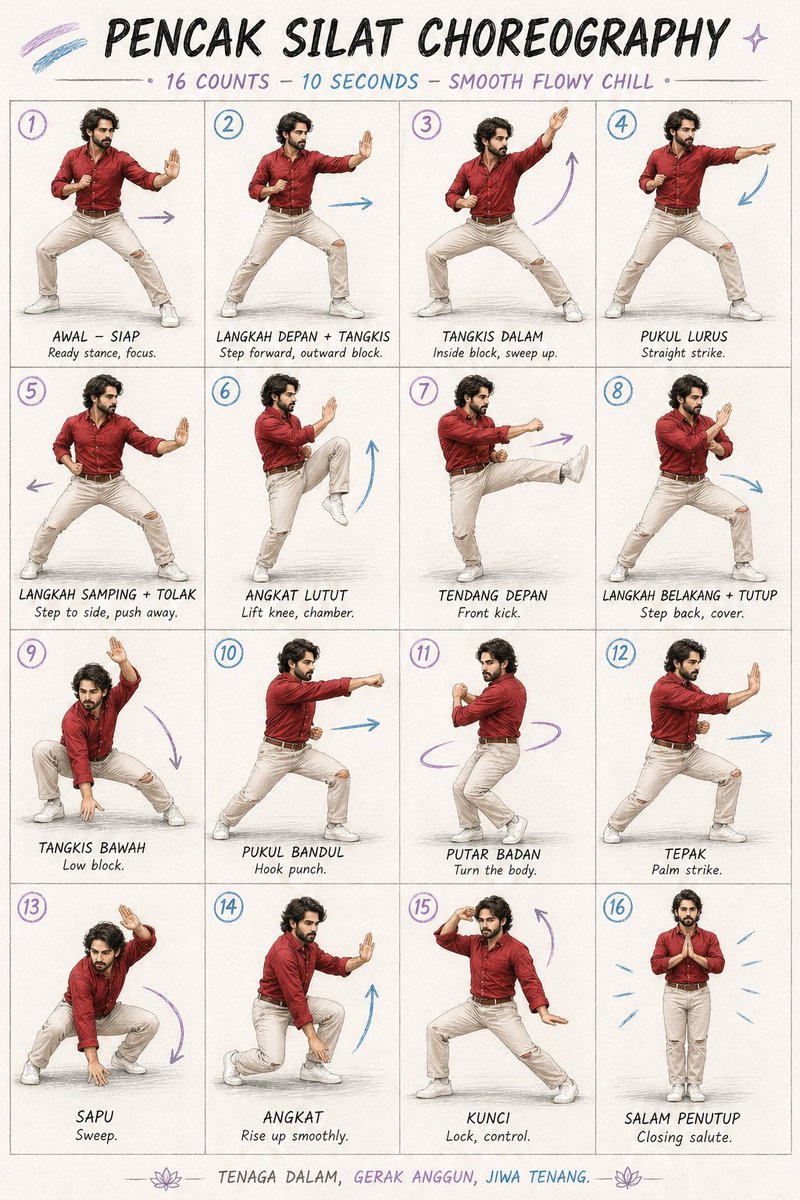 Pencak Silat Choreography Poster — 16-Panel Martial Arts Guide