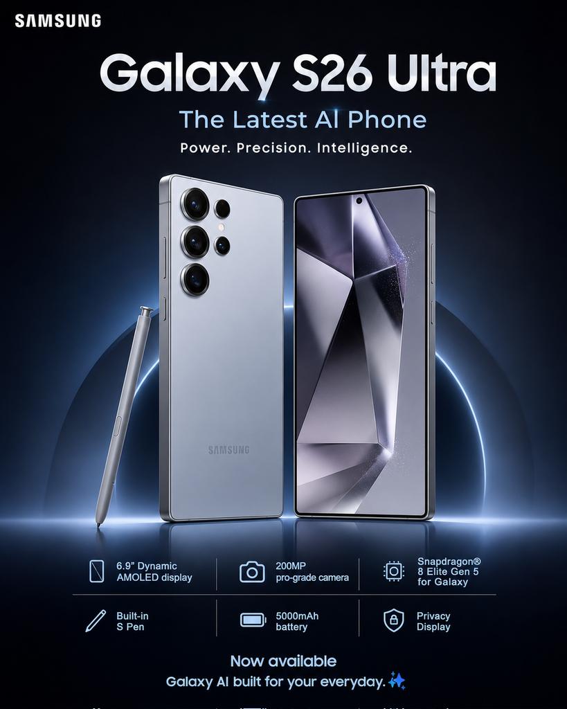 Samsung Galaxy S26 Ultra Flagship Phone Ad Poster — Sora 2 Prompt