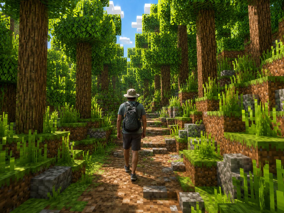 Realistic Hiker in Minecraft Forest — Sora 2 Prompt
