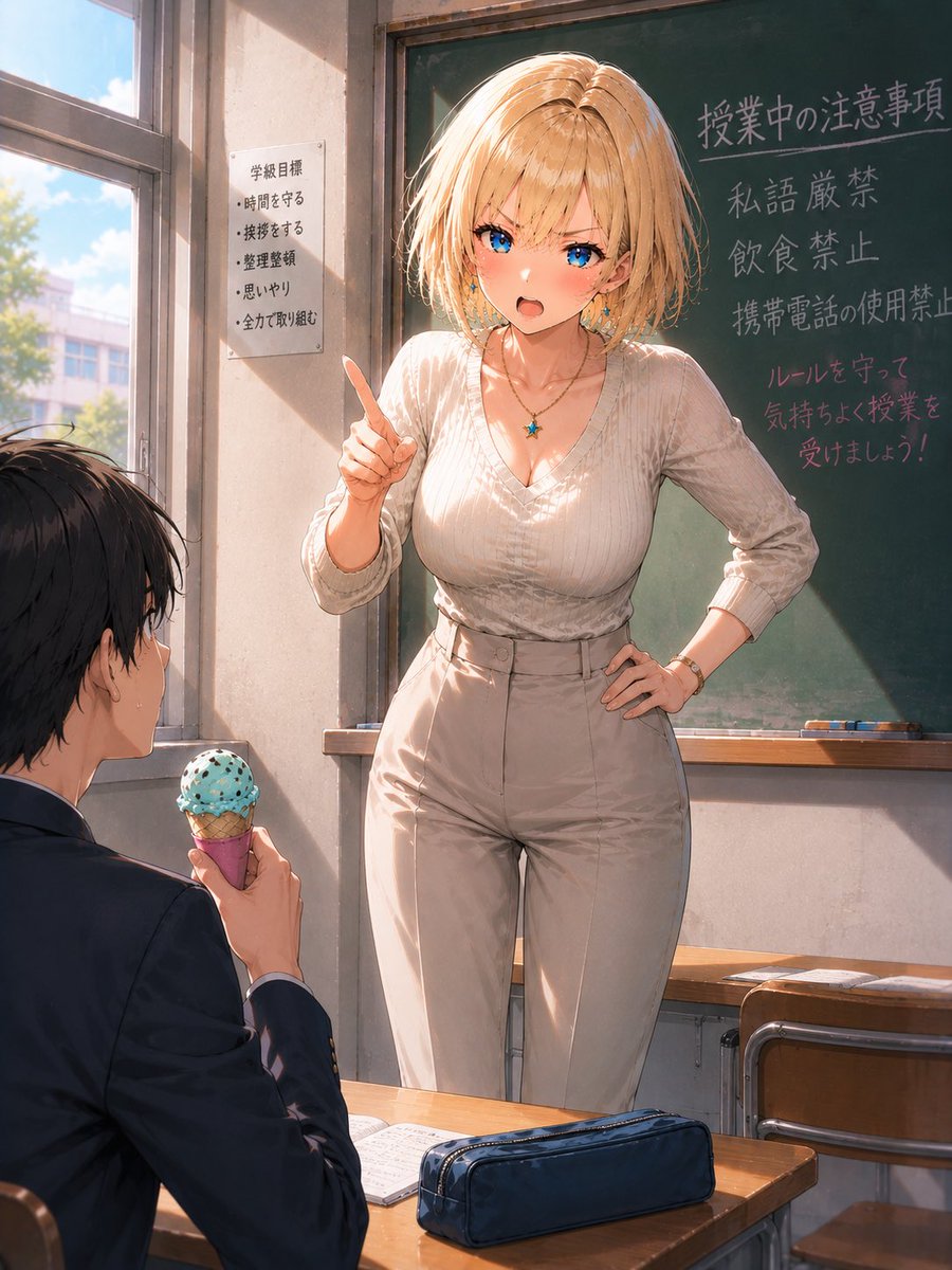 Anime Classroom Scene with Blonde Teacher — Sora 2 Prompt