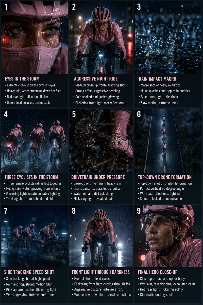 Night Rain Cycling Storyboard — 9-Panel Cinematic Prompt