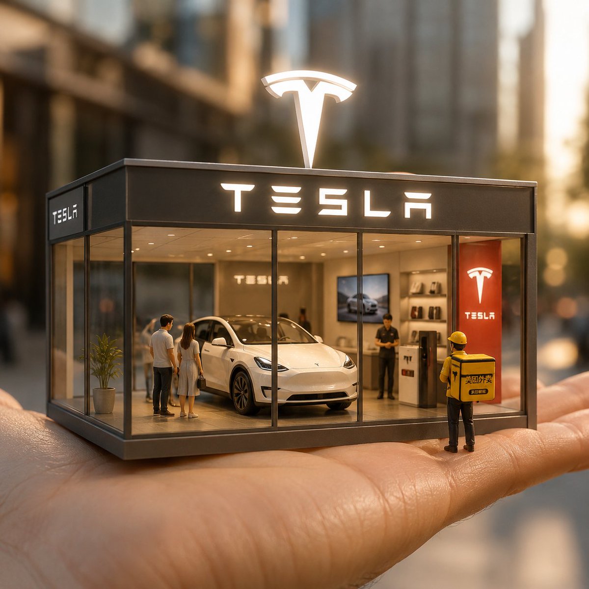Surreal Miniature Tesla Showroom — Sora 2 Prompt