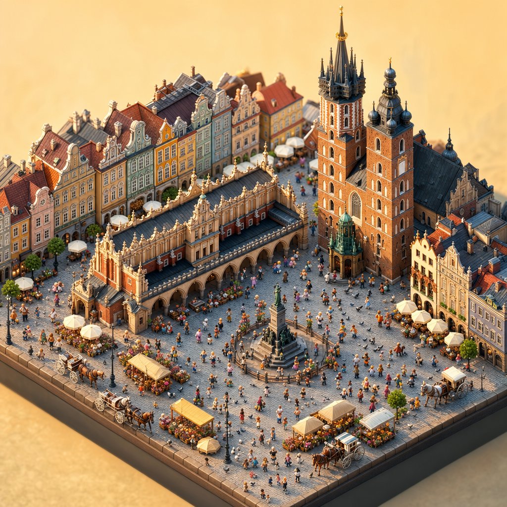 Kraków Main Square Isometric Diorama — Golden Hour Photo Render