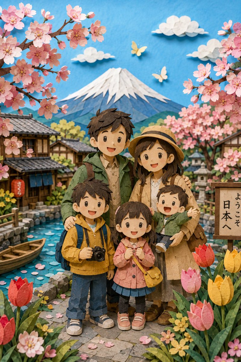3D Paper Diorama Family Portrait — Sakura Village Prompt