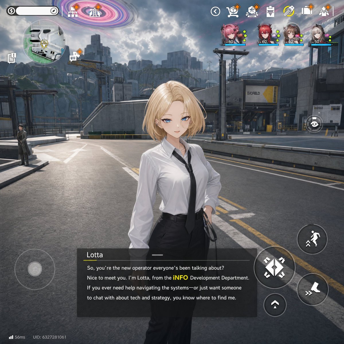 Gacha RPG Dialogue Screenshot — Sci-Fi Industrial Scene