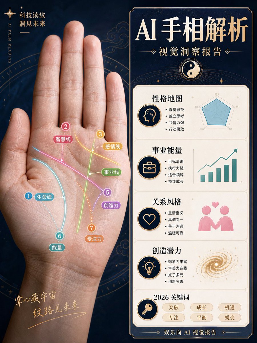 Chinese Magazine AI Palm Reading Analysis Poster — Sora 2 Prompt