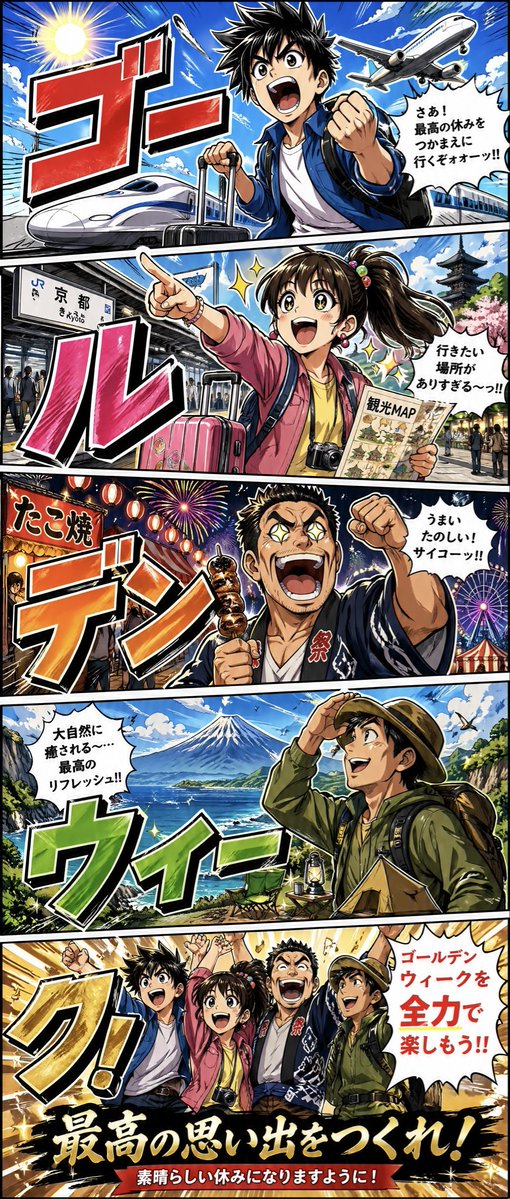 日本黄金周漫画冒险海报 — 五格竖版漫画